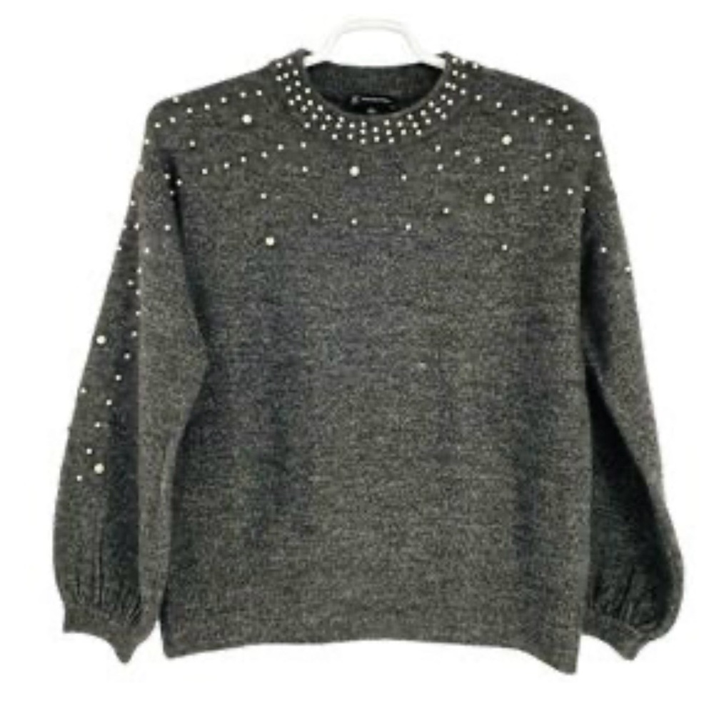 INC International Concepts Gray Pearl-Studded Sweater